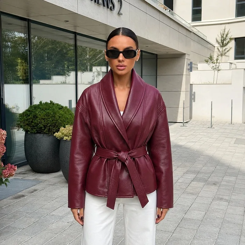 The New Autumn Winter Fashion Women's Top. with High Collar and Belt Leather Effect Jacket Is Elegant and Generous Temperament .