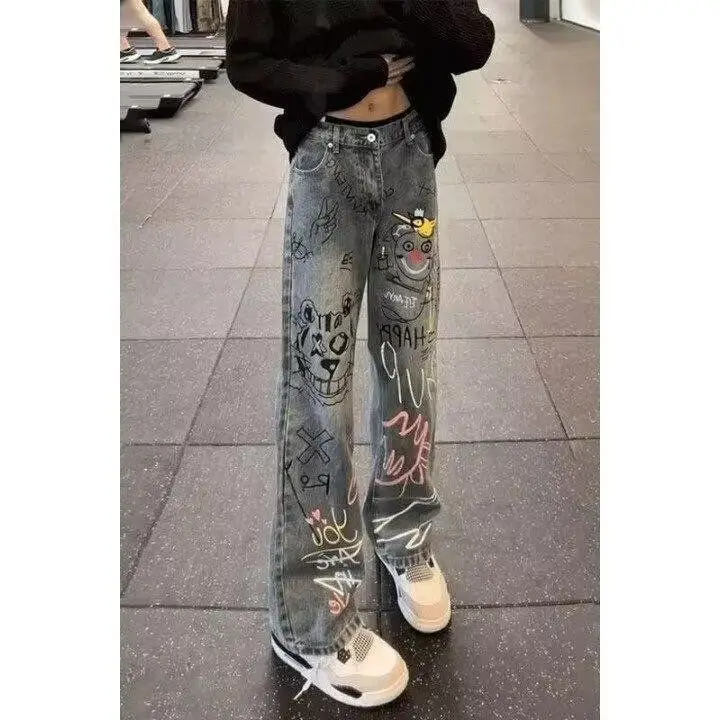 

American High Street fiti Jeans Men's Straight Leg Slimming Trendy loween Clothing Design mid Waist Denim Jeans