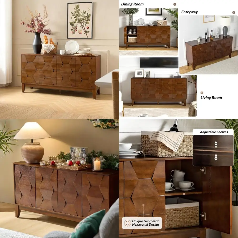 

Mid Century Style Sideboard Buffet Cabinet with Solid Wood Legs, 60-inch Kitchen Storage Cabinet with 4 Doors and 2 Shelves