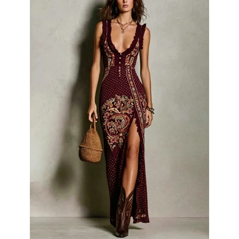 A Stunning Vintage Printed Dress with A Deep V-neck and Irregular SlitAvailable in Multiple Colors Perfect for Outdoor Sparkling