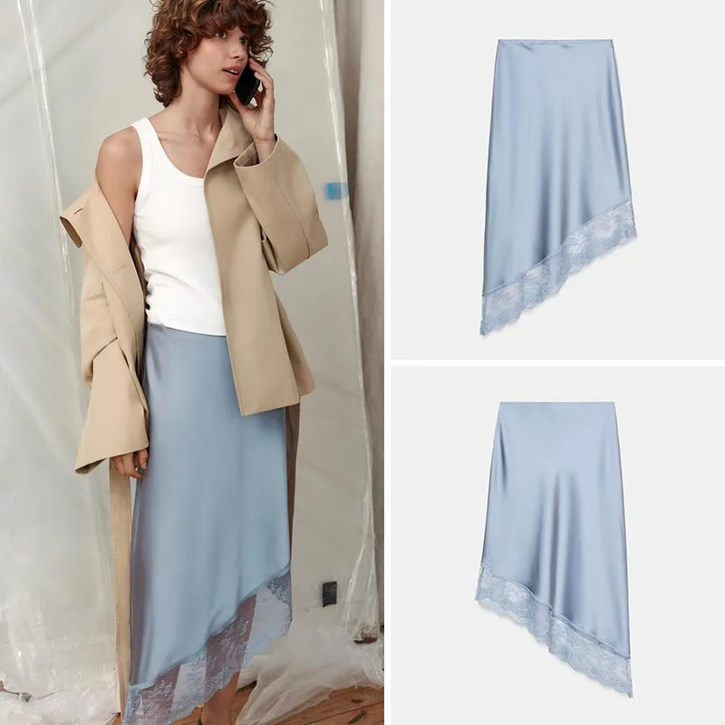 

Elegant Asymmetric Hem Silk Satin Lace Midi Skirt Women's New Arrival Spring Fashion Trendy Ethnic Stage Costume Midi Skirt