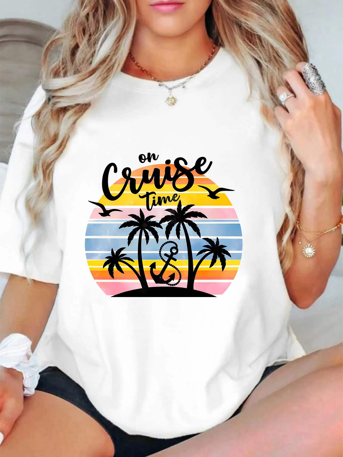 

【ZXH11428】Summer coconut tree print plus size women's round neck summer casual short sleeved street fashion versatile T-shirt