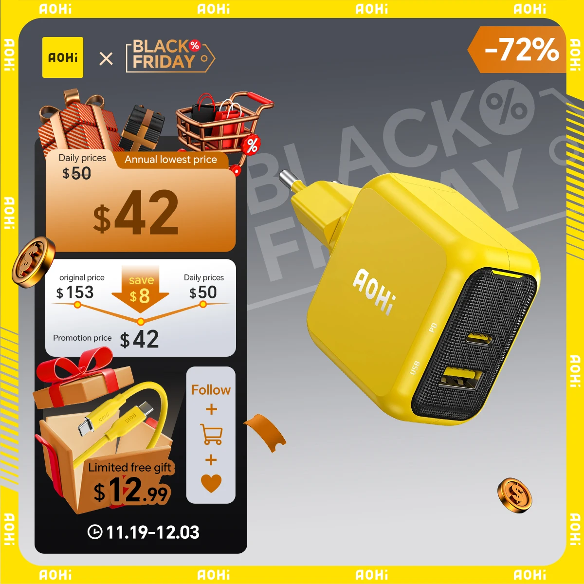 

AOHI Magcube 67W Dual-Port Foldable GaN Charger with LED Cable (Yellow/Black)