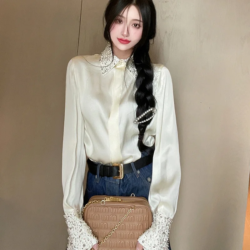 เสื้อเชิ้ตซาตินหรู ปกบาก ไม่ยับ ทำมือ ประดับเพชร แขนยาว สไตล์ Y2K เสื้อยืดสำหรับฤดูใบไม้ร่วงและฤดูหนาว