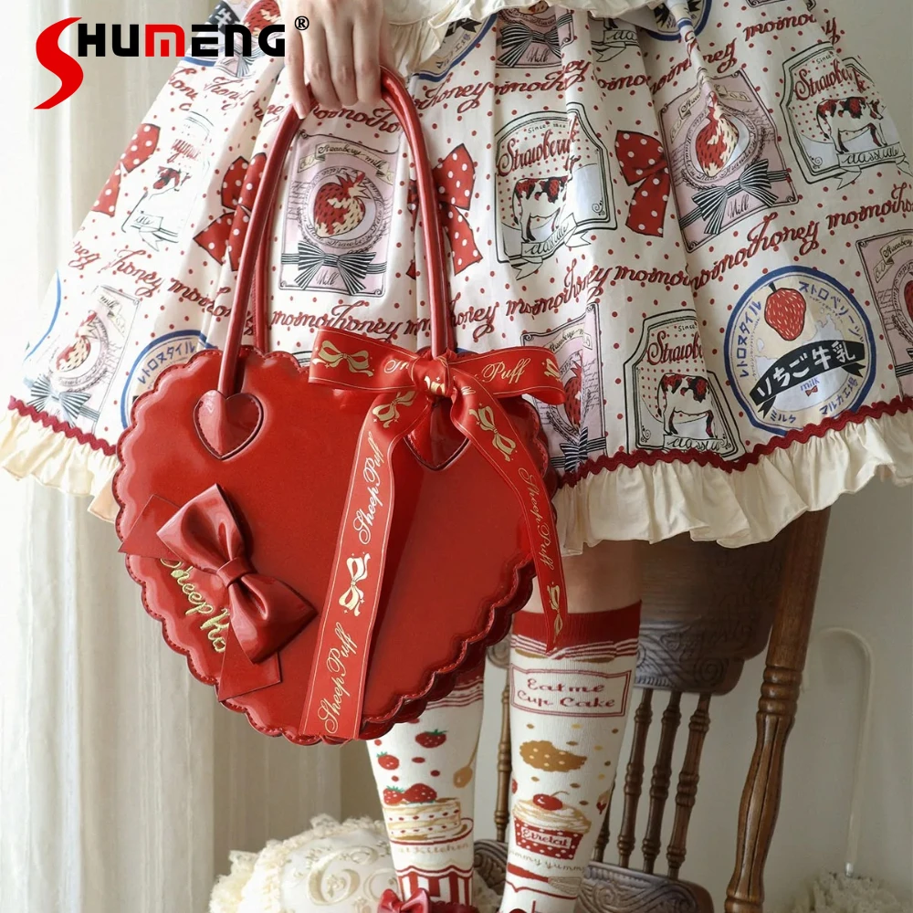 

Original Japanese Sweet Cute Girl's Lolita Heart Backpack Bow Shiny PU Bow Versatile Casual Kawaii Handbag Small Bag for Women