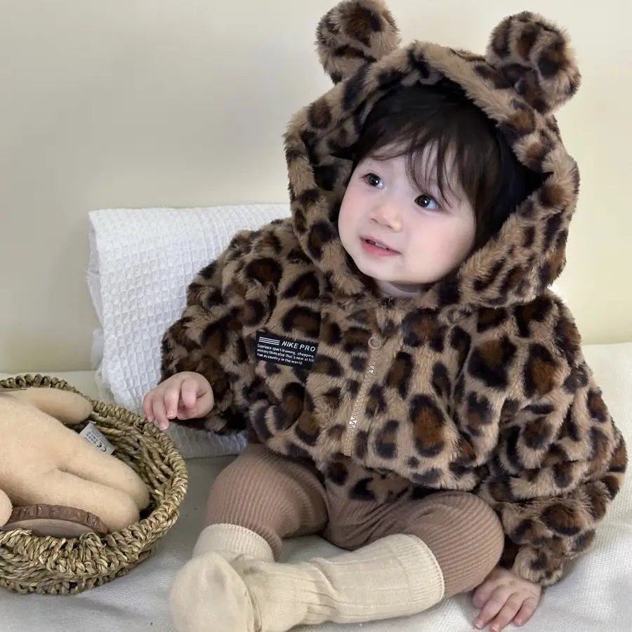 

Baby Girls Coat Autumn/Winter Thick Hooded Cotton Jacket with Velvet Children's Clip Cotton Warm Cotton Coat Leopard Pattern