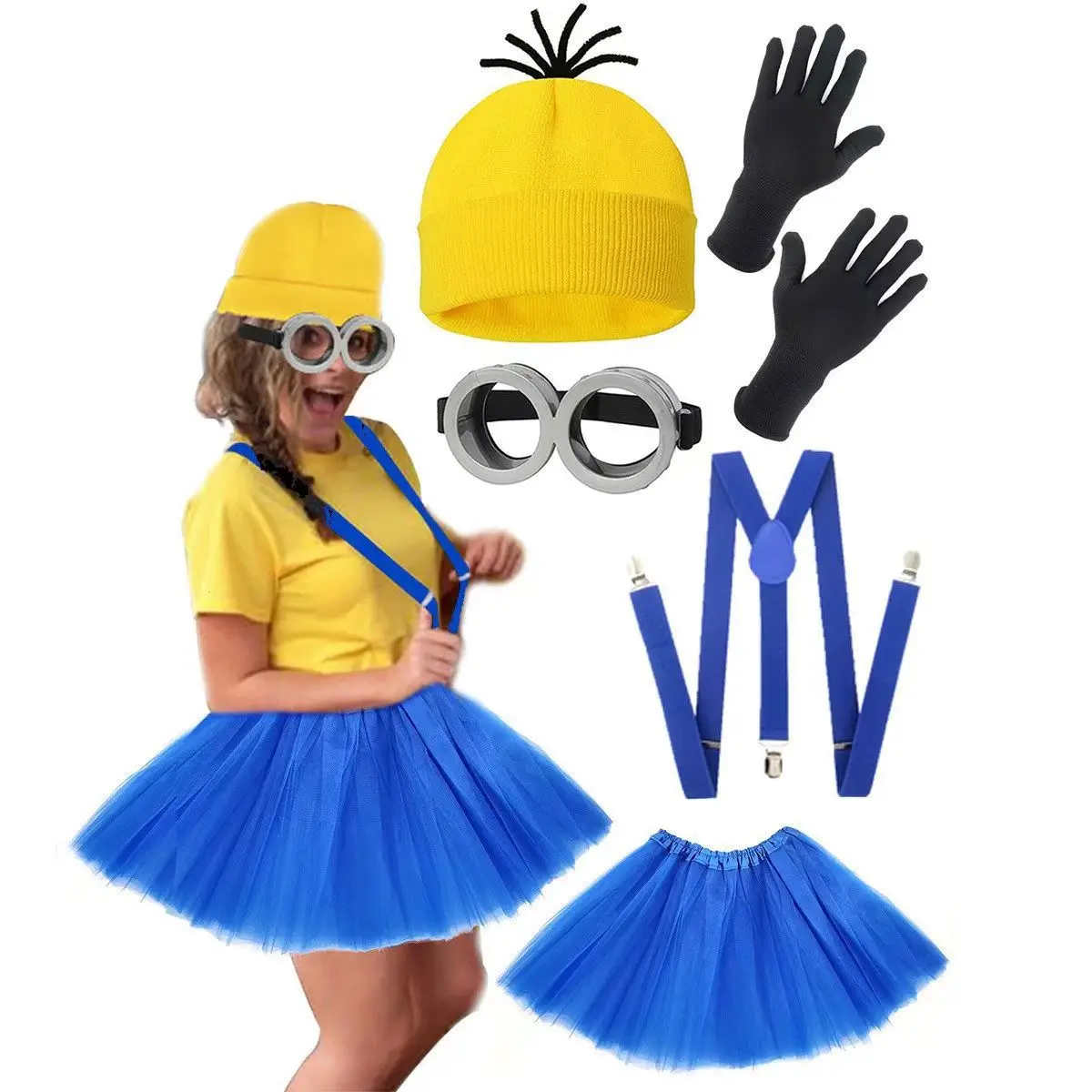 Adults Funny Yellow Cosplay Dress Up 5pcs Halloween Costume Party Carnival Yellow Beanie Hats Gloves Outfit Set for Women Men
