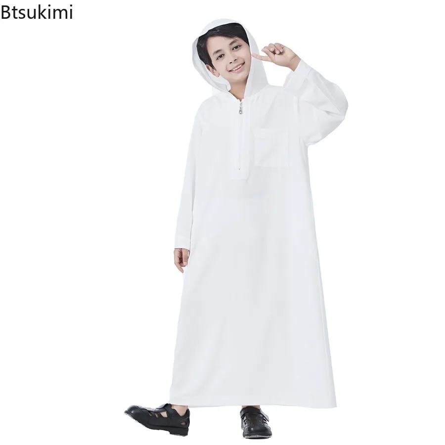 Kids Middle East Islamic Clothing Long Sleeve Hooded Arabic Dubai Robe Saudi Dubai Kaftan Casual Ethnic Style Thobe Boys Abaya