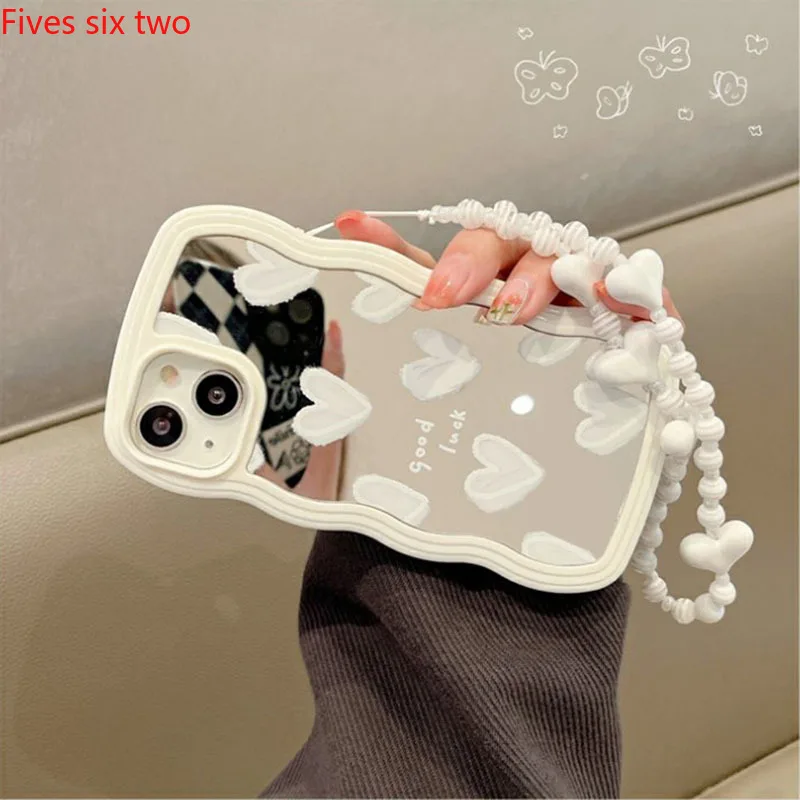 Lovely Case White Heart Makeup Mirror Korean Case For Apple iPhone 15 Pro Max 14Plus 13 12 11 XS X XR Soft Cover Bracelets Chain