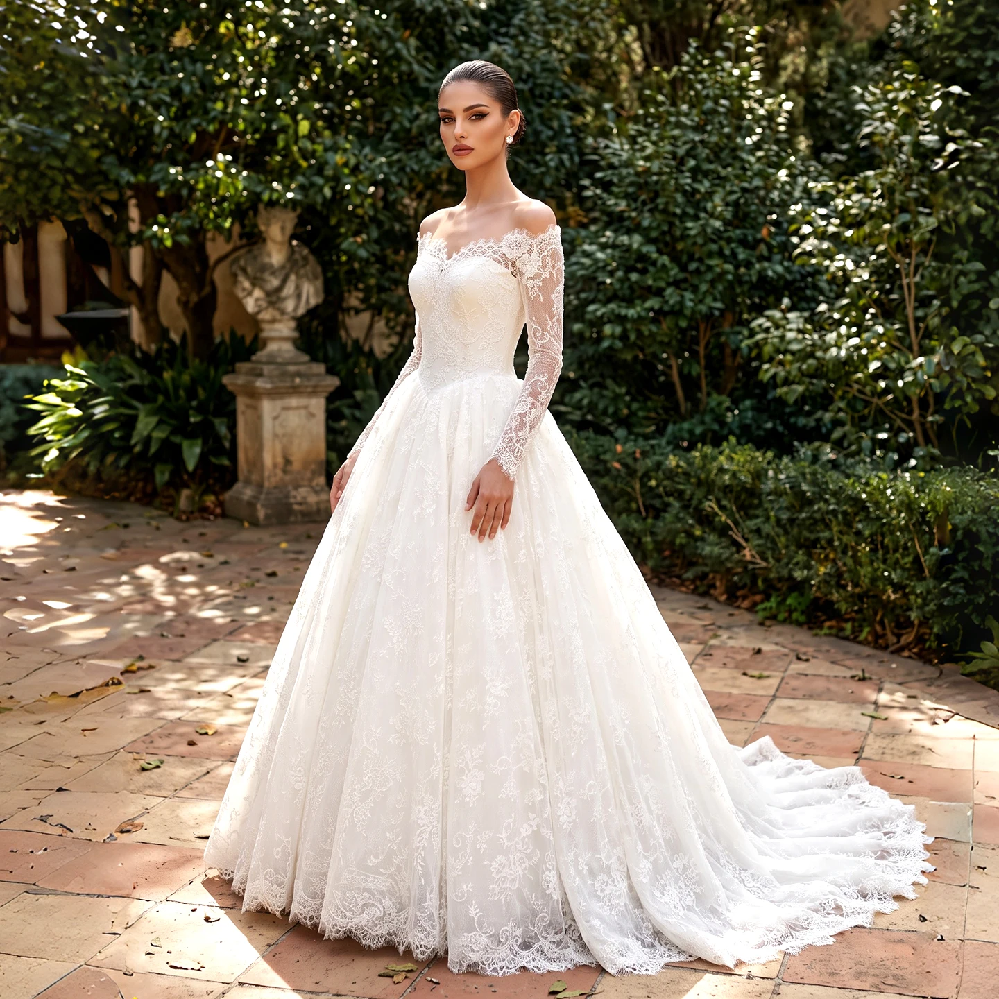 Sheer Fairy Wedding Dress Elegant Off Shoulder Lace Sheer Long Sleeves Dubai Luxury Bridal Gowns with Big Train SW754 Customized