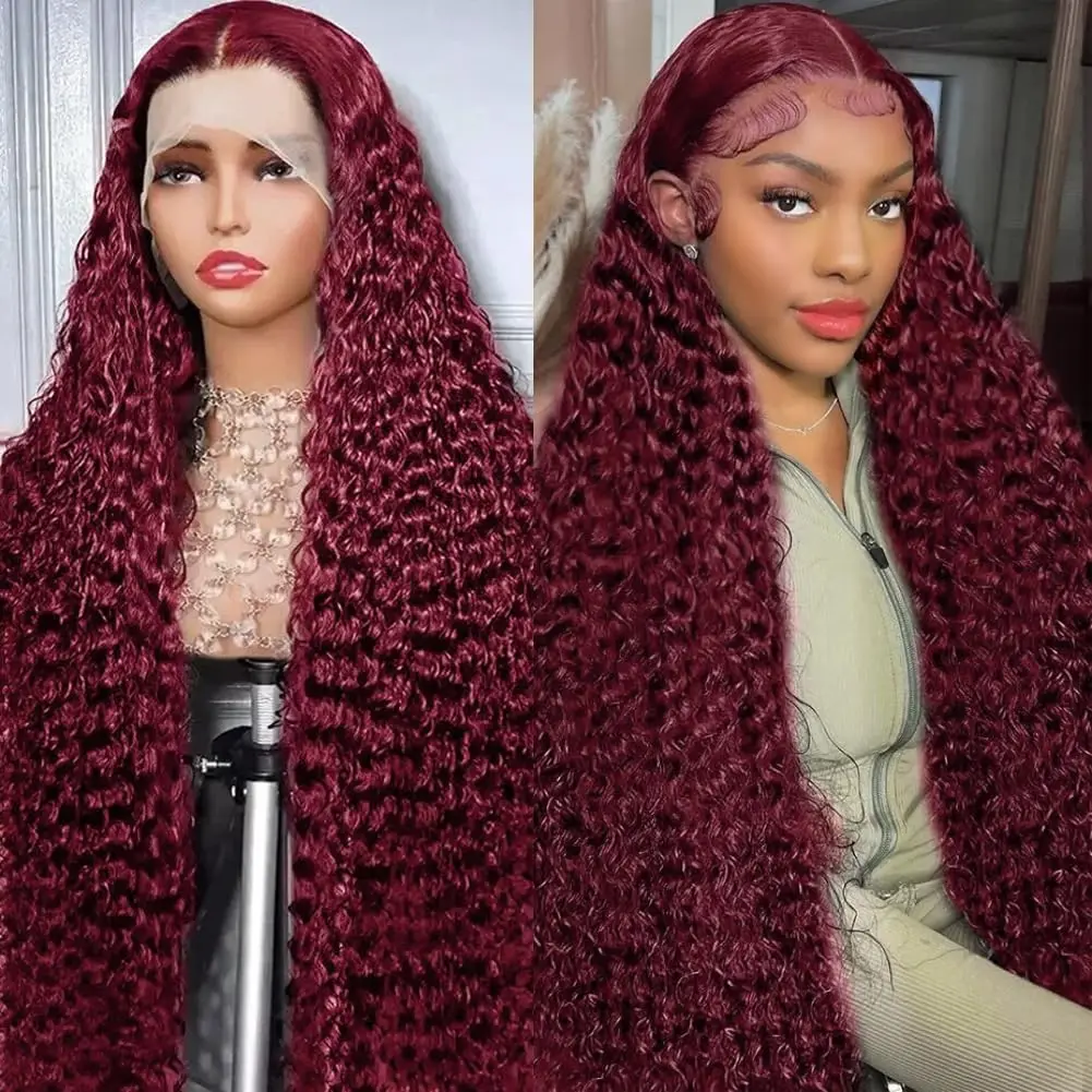 

99j Burgundy Deep Wave 13x4 Transparent Lace Front Wigs Human Hair Pre Plucked 180% Density for Women Brazilian with Baby Hair