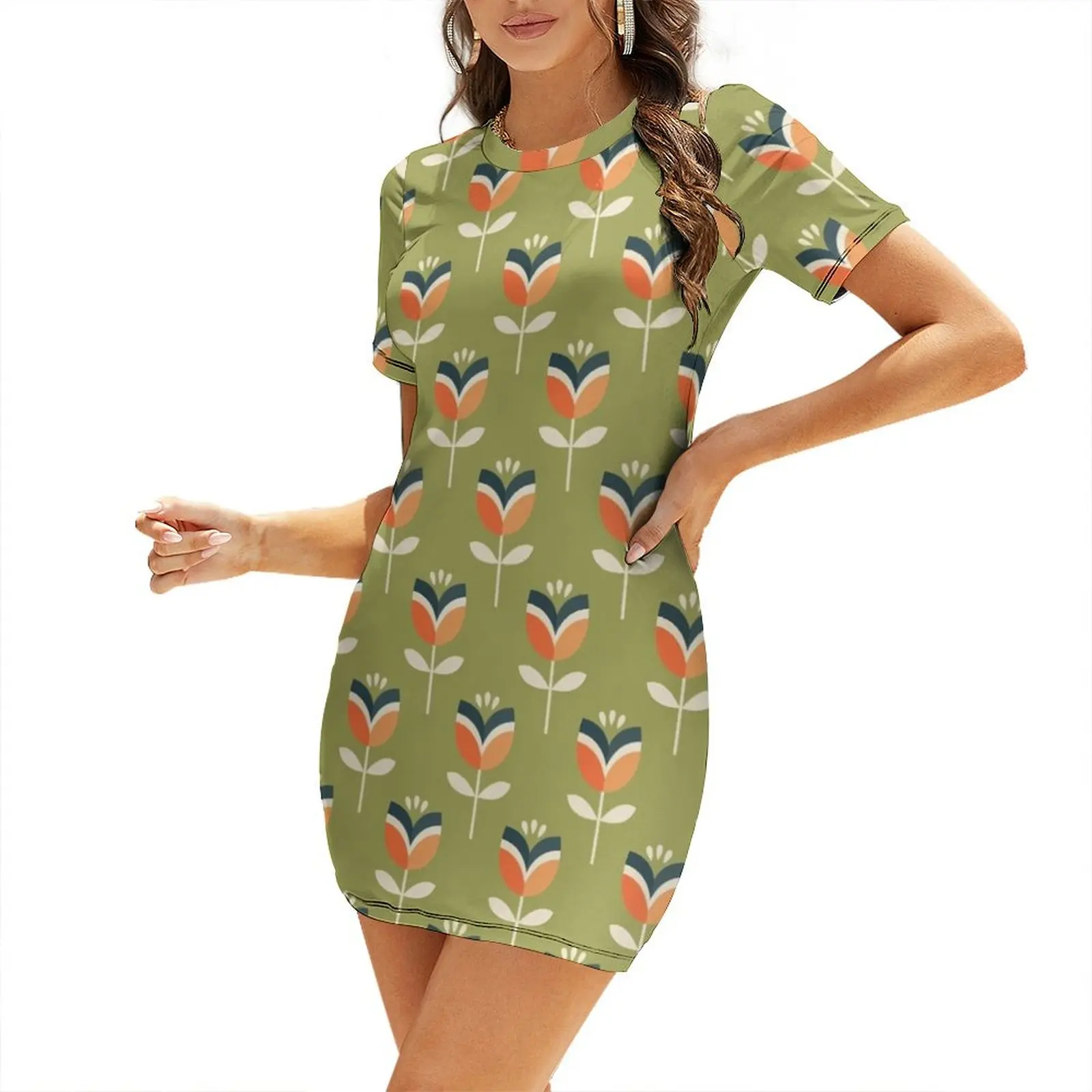 

Retro Tulip - Orange and Olive Green Short Sleeved Dress women clothes summer dress daily