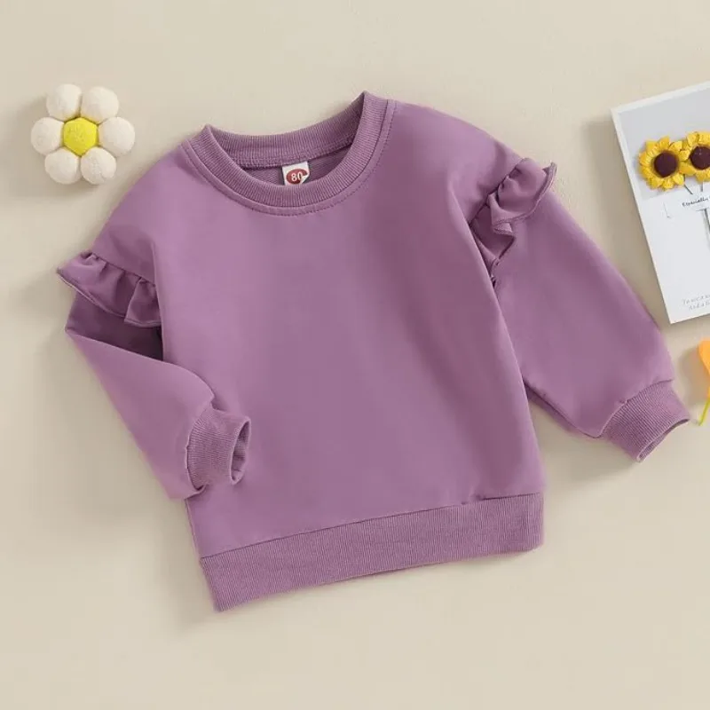 Autumn Children T-shirt Solid Color Kids Sweater Thicken Warm Boys Sweatshirts Girls Pullover Cotton Ruffle Baby Outerwear 6M-4Y