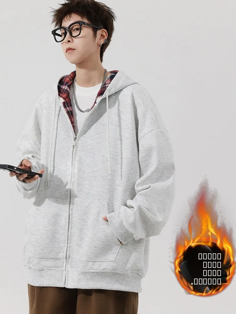 

Men's Fce Lined Thiened Hooded Open Cardigan Sweatirt Trendy Casual Winter Outerwear Youthful Sle Antimicrobial Resi...