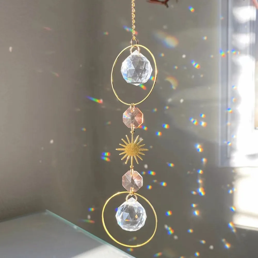 

New Crystal Artificial Crystal Wall Hanging Sun Moon Handmade Crystal Sun Catcher Creative Colorful Rainbow Maker Home Bedroom
