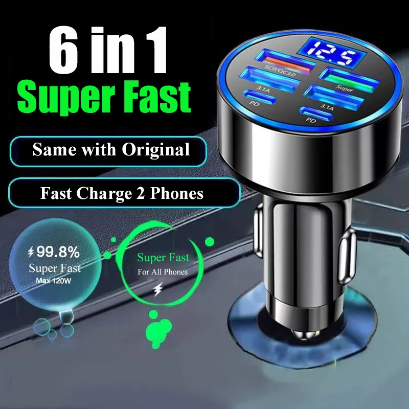 UYUXIO Multi Port USB C Car Charger Adapter 6 in 1 with Voltage Display Fast Charge with Volt Meter for iPhone 17 16 Samsung