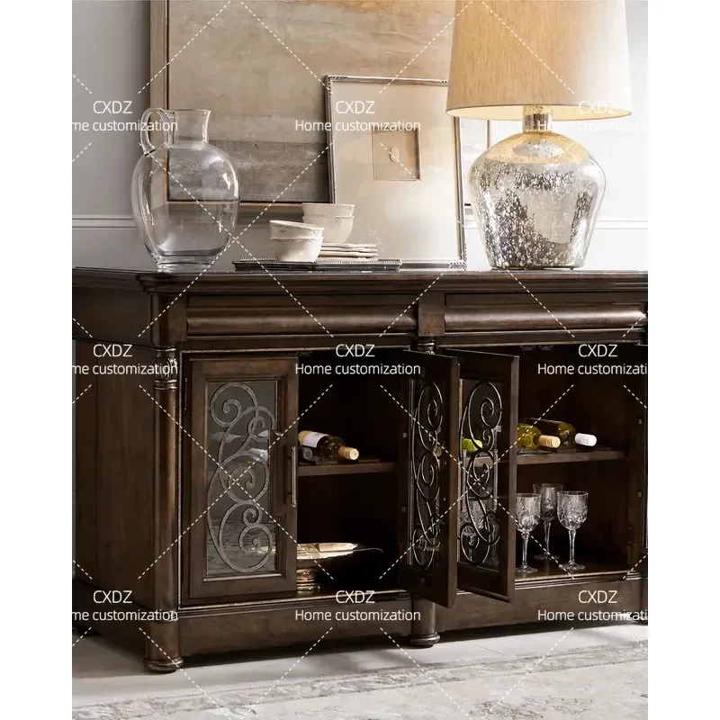 Rural Neoclassical Retro Birch Solid Wood Dining Side Cabinet Tea Storage Locker Cupboard Wine Cabinet