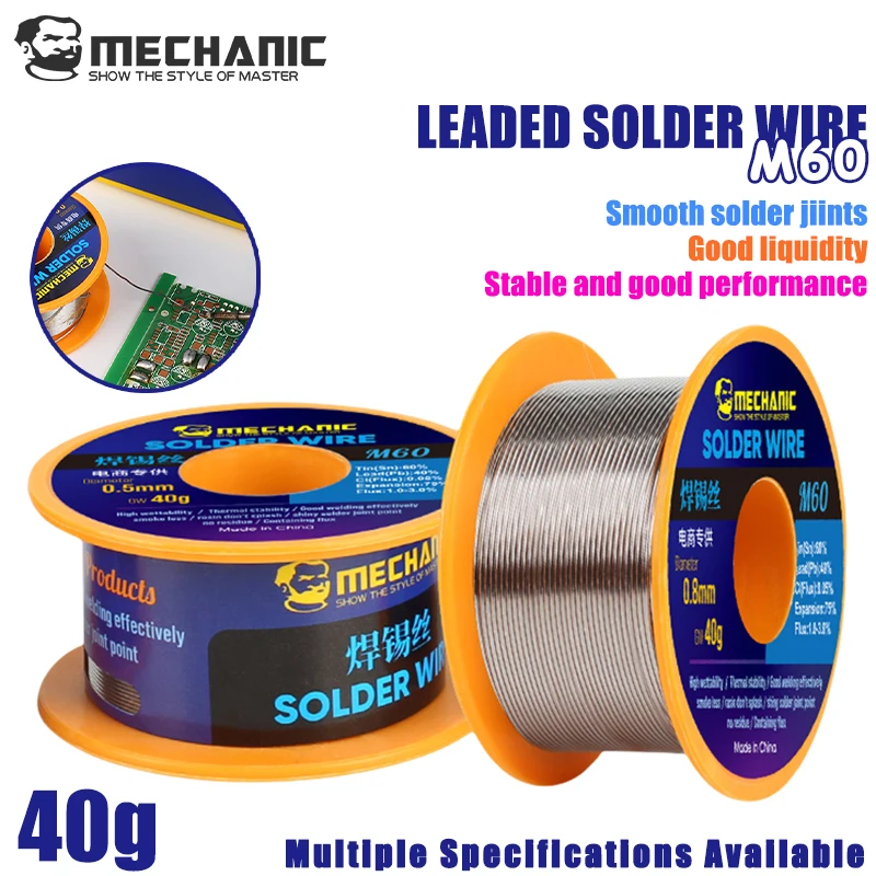 MECHANIC 5Pcs/Lot M60 40g Mild Rosin Core 0.3-0.8mm High Purity Environmental Lead Solder Wire Welding Flux Iron Cable