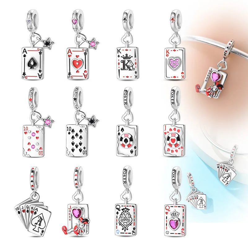 New 925 Sterling Silver Playing cards Red Heart Spades card pendant Charms Beads Fit Original Bracelets DIY Jewelry Gift
