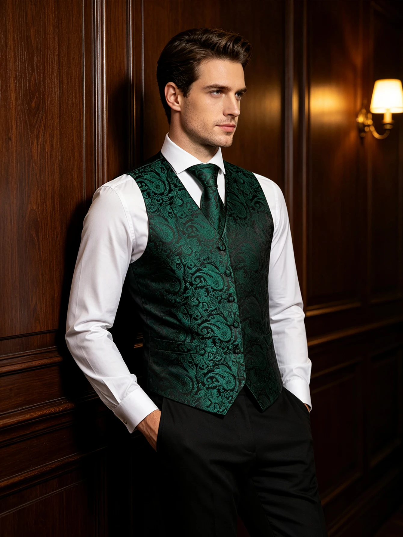 Black Emerald Paisley V-Neck Vest Matching Set Tie Pocket Square Cufflinks Ring For Vintage Theme Ball