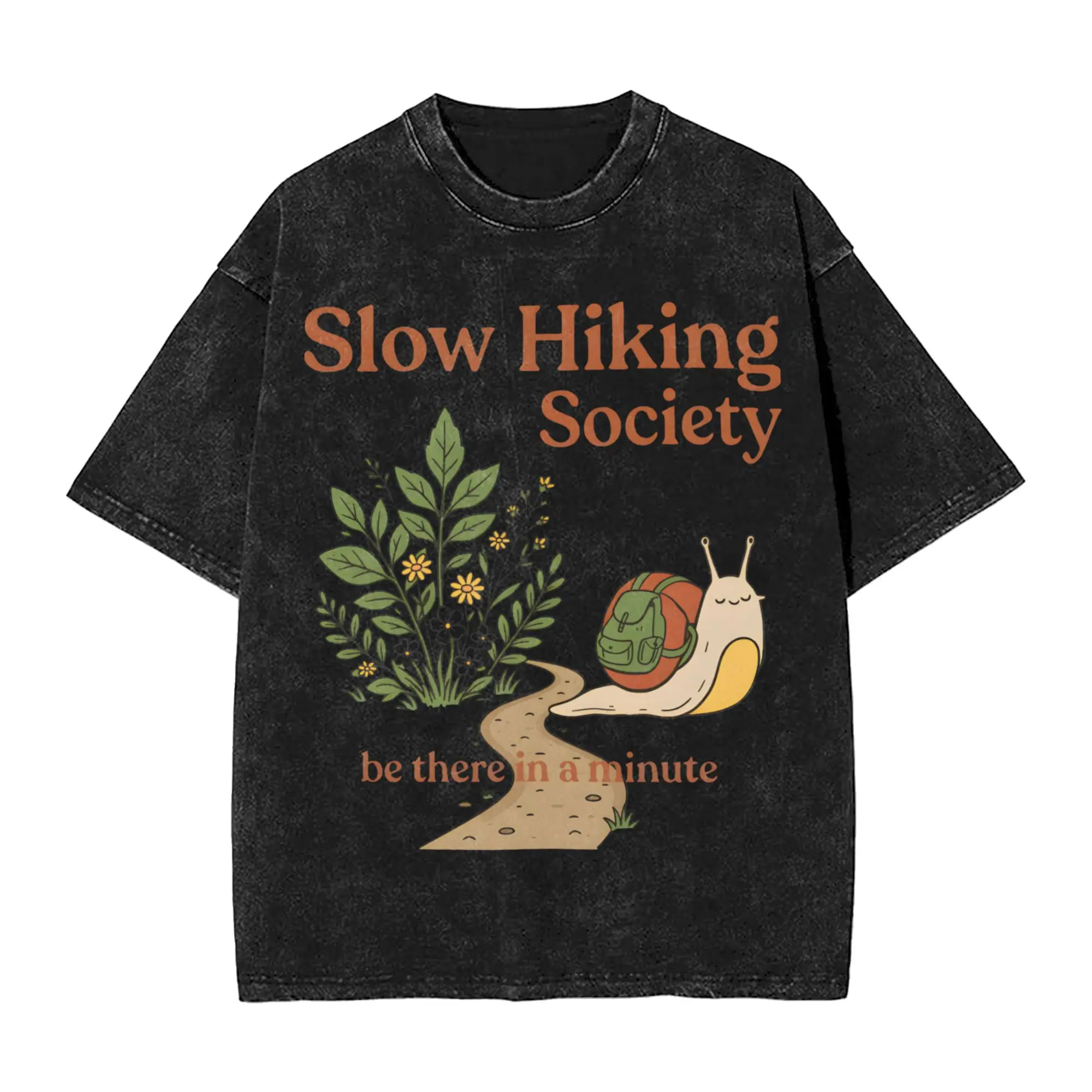 Slow Hiking Society Snail Backpack Nature Washed T Shirts Streetwear Hip Hop T-Shirts  Tees Tops for Men Women Cotton Harajuku