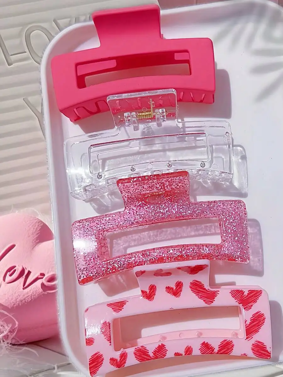 

4pcs Pink Glitter Heart Printed Claw Hair Clips Set For Women