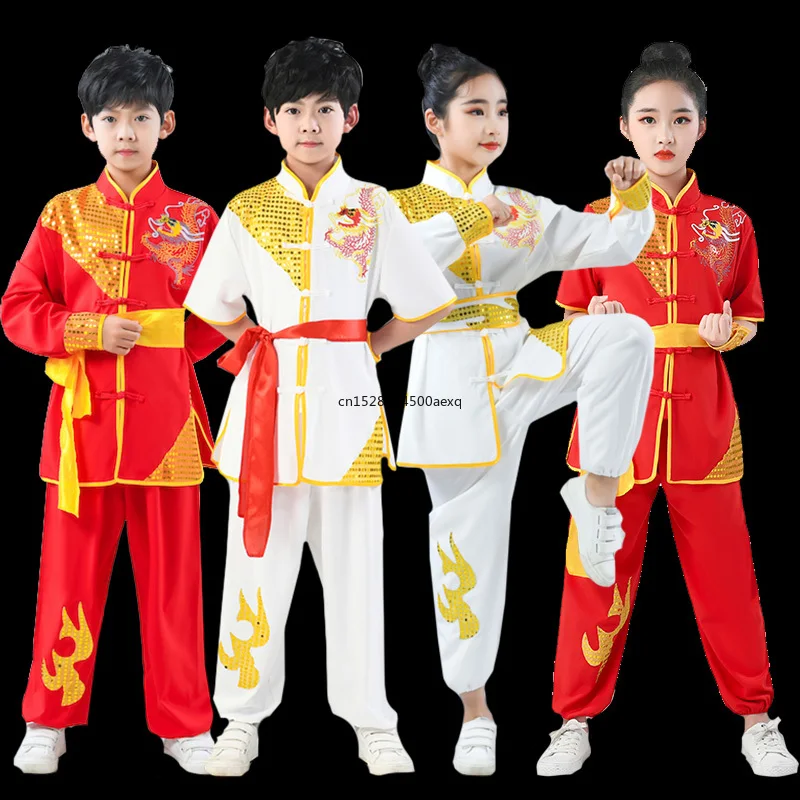 Girl Kids Chinese Traditional Sequin Dragon Embroidery Costume Martial Arts Suit Folk Wushu Uniform Kungfu Tai Chi Clothing