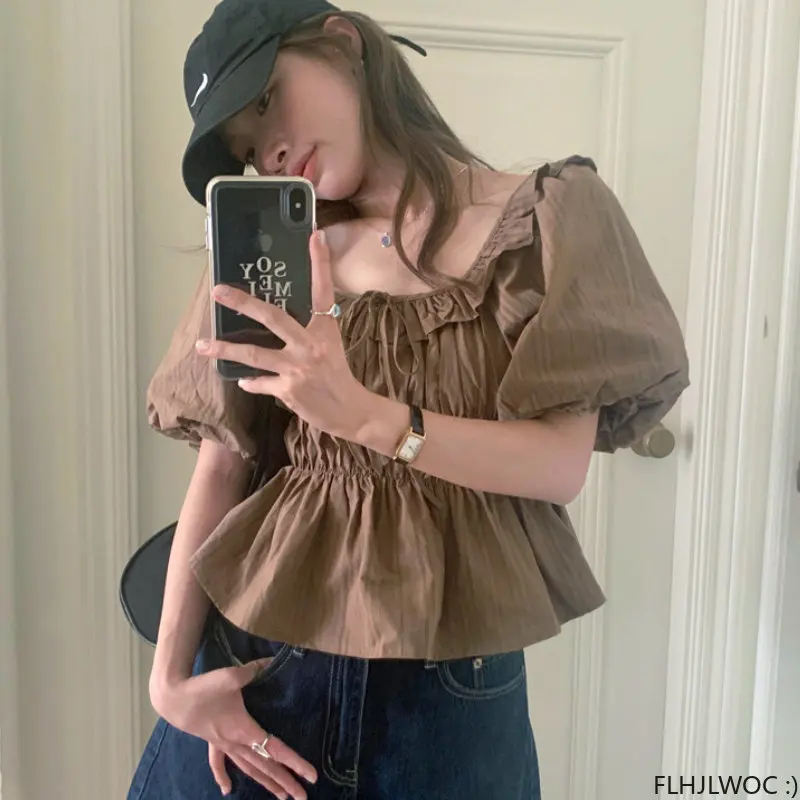FLHJLWOC-blusa puff de babados para mulheres, blusa peplum de corte curto, blusa de gravata borboleta, design chique, moda coreana, verão, 2023