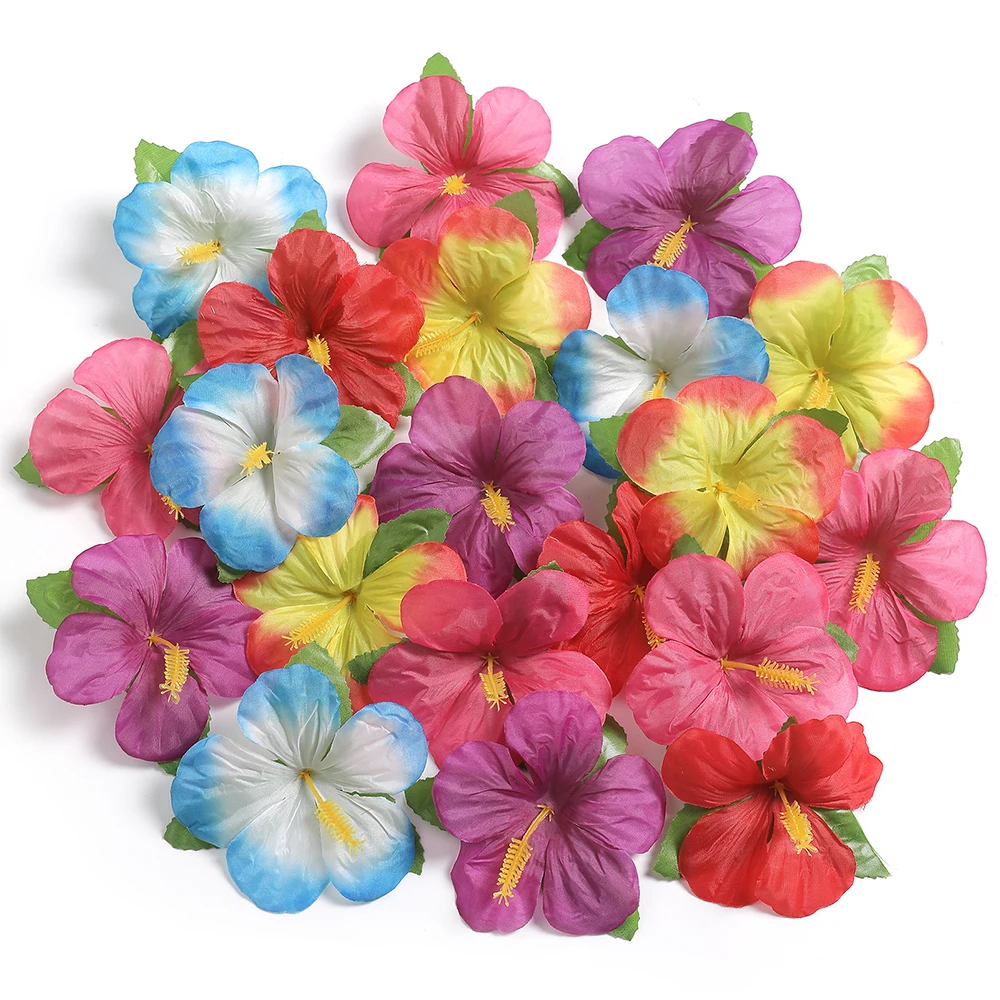 24 Stück 10 cm hawaiianische bunte Hibiskusblüten, künstliche Blumen, Tischdekoration und Mitteldekoration, Party-Dekoration