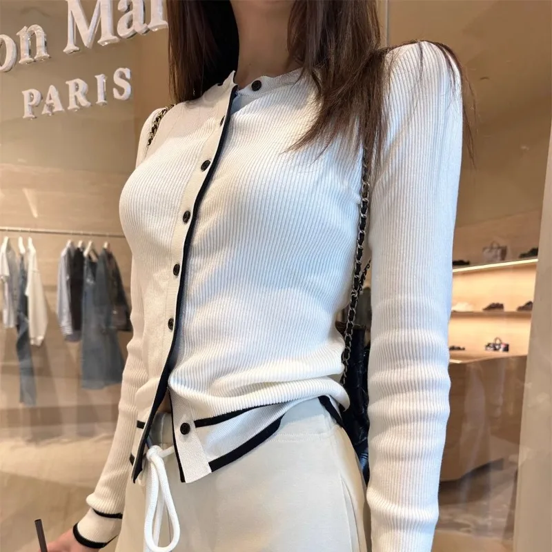 

Deeptown White Basic Elegant Women Knitted Cardigan Long Sleeve Old Money Korean Fashion Sweaters Slim Golf Knitwear Autumn