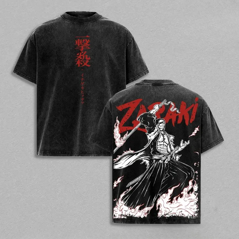 Anime BLEACH Zaraki Kenpachi Graphic T Shirt Men Women Washed Cotton Tshirts Vintage Casual Clothing Harajuku Male Loose T-shirt