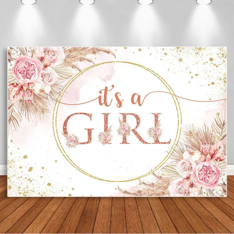 

Baby Shower Party Backdrop For It's A Girl Boho Pink Floral Flowers Photography Background Cake Banner Photo Booth Studio