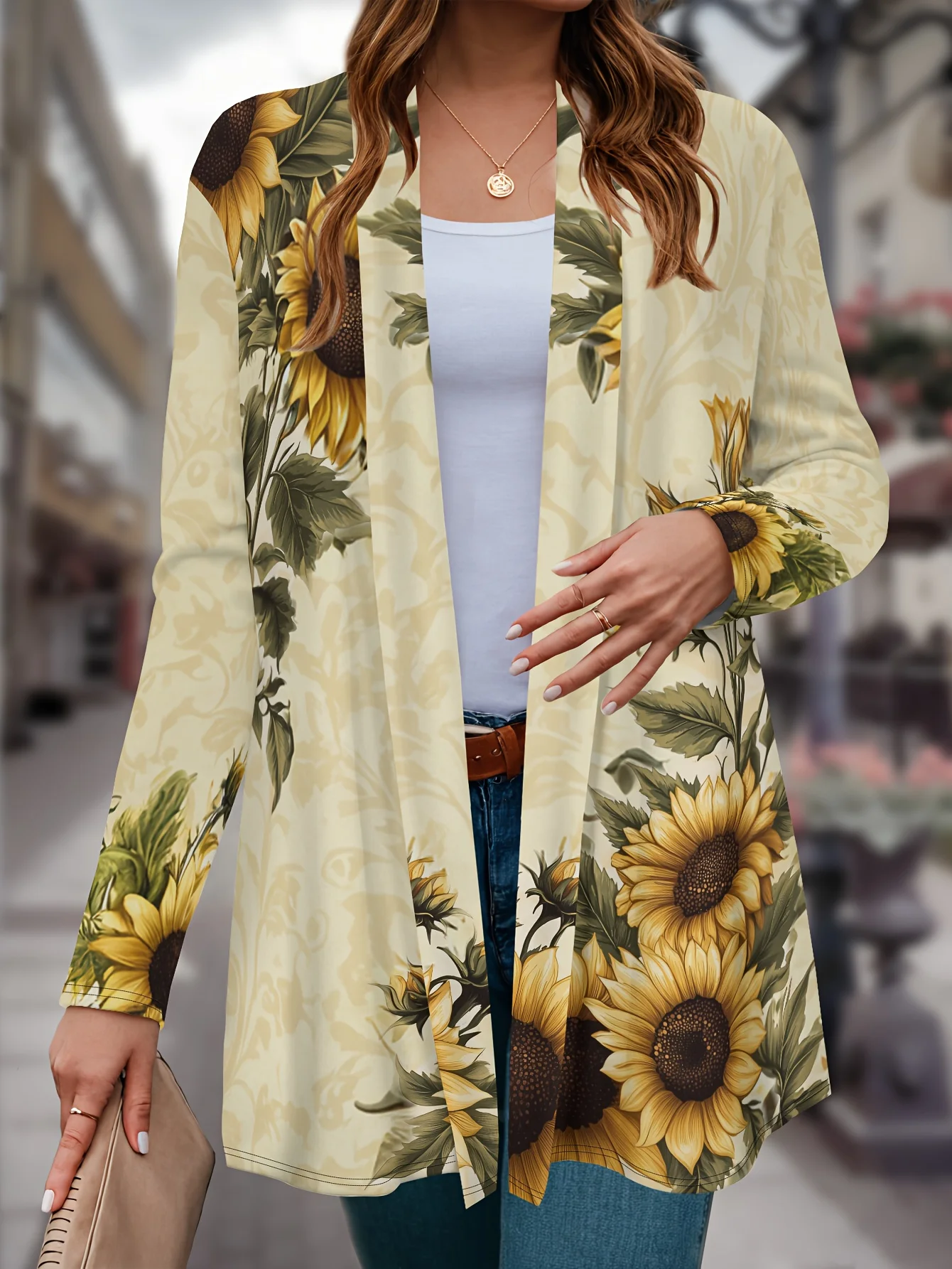 

Women'S Plus Size Casual V-Neck Cardigan - Sunflower Print Knit Polyester Open Front Long Sleeve Overcoat for Spring & Fall