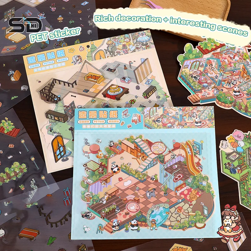 Large Size Cartoon Creative Three-Dimensional Landscaping DIY Handbook Stickers Cute Cabin Scene Stacking Decor Pasting Sticker
