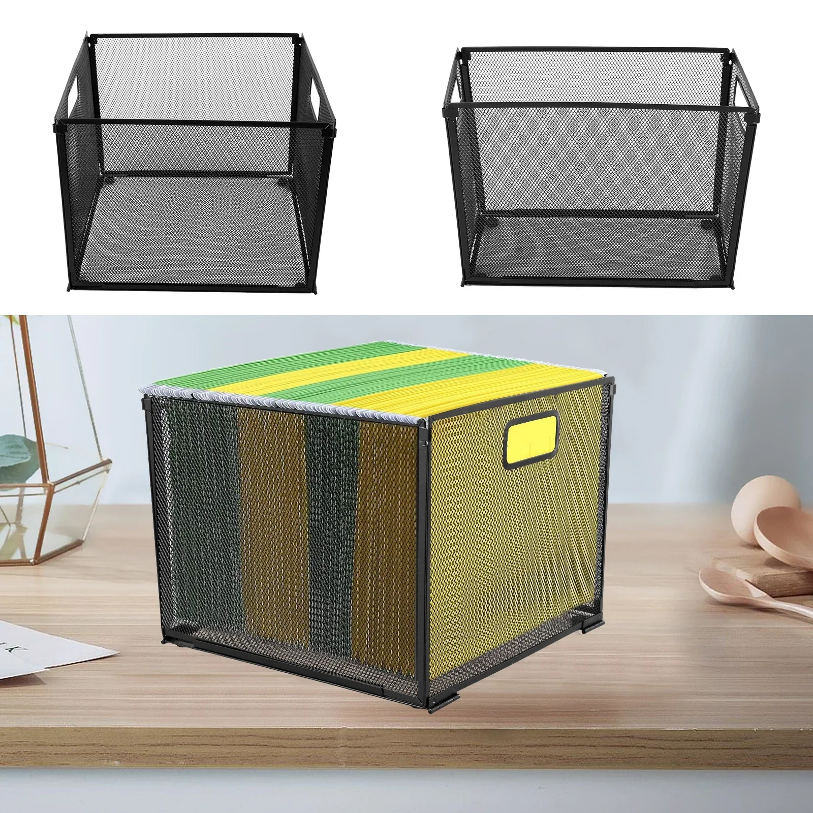 

Foldable Desktop File Folder Organizer Mesh Metal Hanging Basket Handle Letter Sized File Holder Space Saving Box