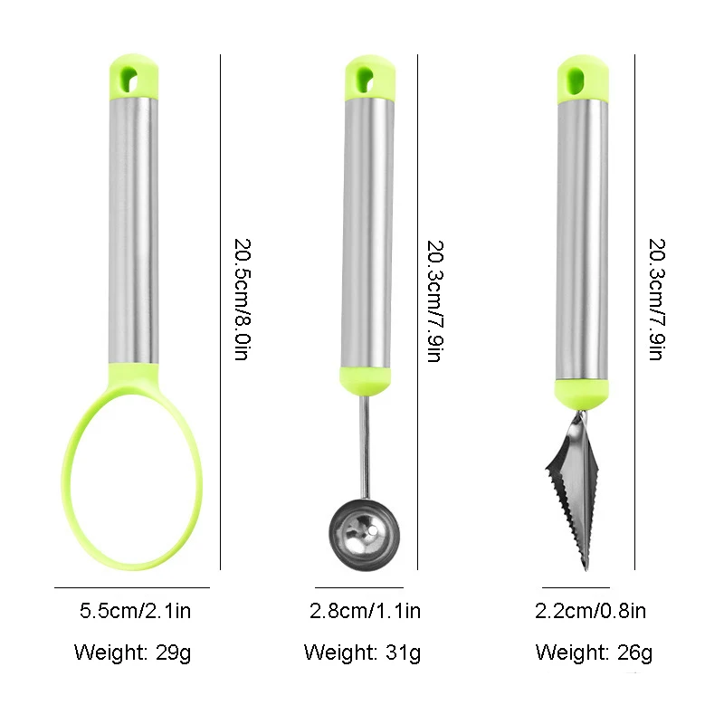 

Fruit Tool Set Multifunctional Stainless Steel 3PCS Set Including Fruit Scoop, Carving Knife, Seed Remover,Honeydew Melon Scoop