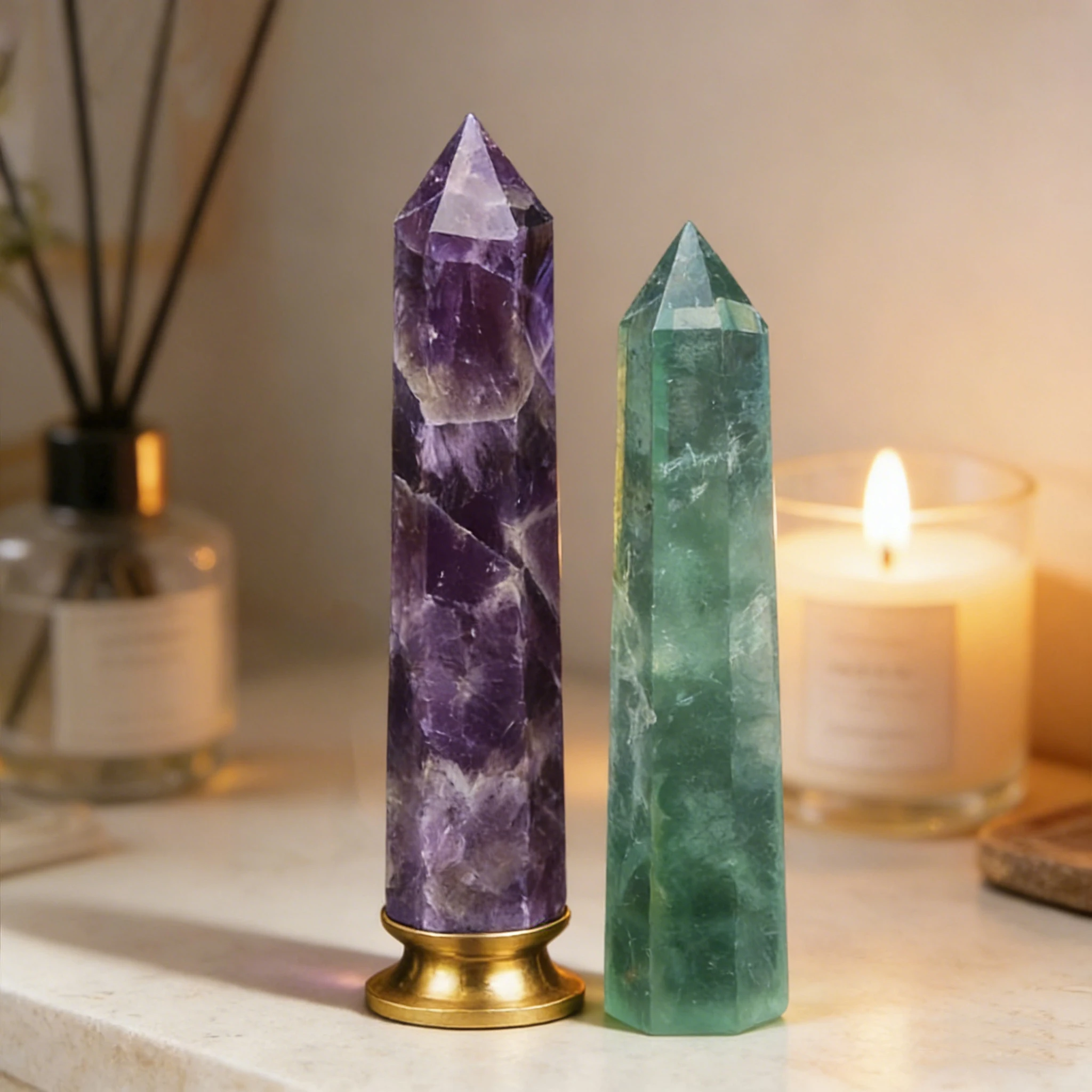 Amethyst Green Fluorite Crystal Pillar Duo 2Pcs 6 Faceted Column 8-17cm Natural Banded Violet Translucent Artisan Polished Dreamlike Desk Ornament Home Decor Office Decor Room Decor Bedroom Decor Table Centerpiece Collectible