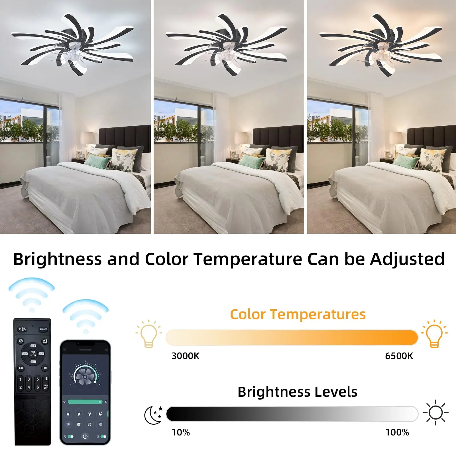 Adjustable ceiling fan light, 6-speed embedded ceiling fan, modern minimalist ceiling fan light, remote control and APP control