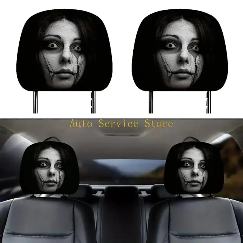 462A Set Of Two Car Headrest Covers with Horror Theme Polyester Fabric Vehicle Headrest Protectors for Most Vehicle Use
