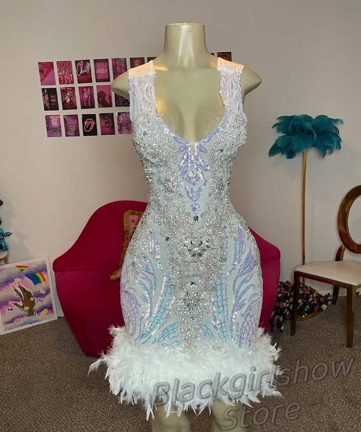 Luxury White Diamante Homecoming Cocktail Dress 2024 For Women Glittering Sexy Dreamy Dazzling Beaded Feather فساتين سهرة