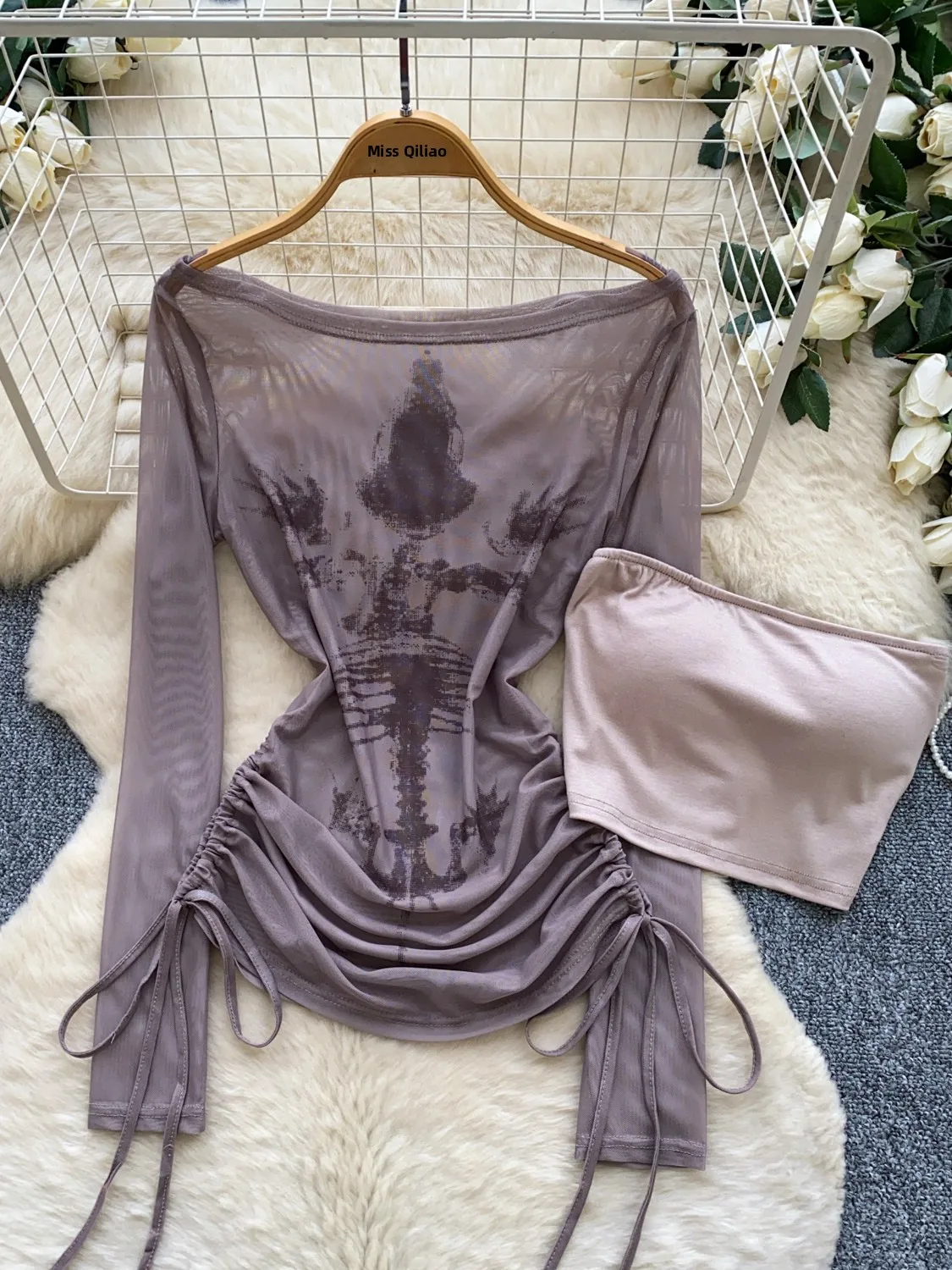 Women's Commute Style Drawstring Ruffle One Shoulder Mesh Cover up Tank Top Bottoms Two Piece Set Breathable Casual Fashion