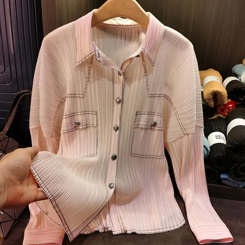 

Miyake Pleated Shirt 2025 Spring Pocket Design Solid Color Pleated Shirt Temperament Versatile Thin Single-breasted Shirt Female
