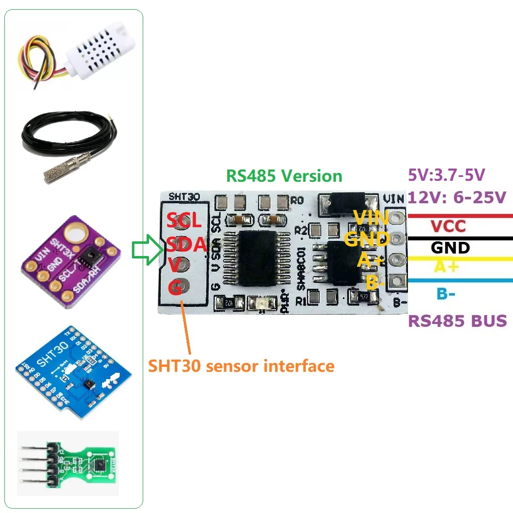 SHA8C01 SHT30 RS485 Modbus RTU Temperature Humidity Sensor 40~125C  0.2C Accuracy Digital Transmitter for PLC SCADA