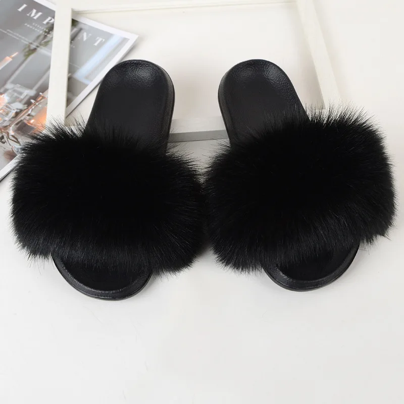 Children Slides Faux Fox Fur Slippers Kids Fluffy Raccoon Sandals Fashion Furry Home Flat Flip Flops Baby Girls Cute Plush Shoes