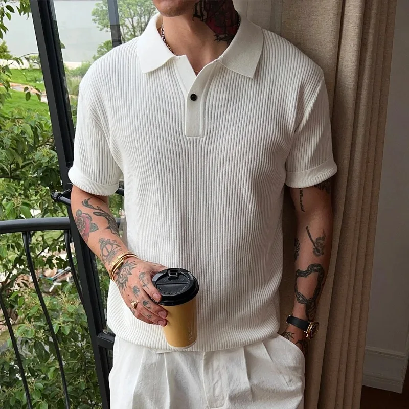 British Style Knitted Polo Shirts for Men Elastic Breathable Casual Business Lapel T-shirt Versatile Social Relaxation T-shirts