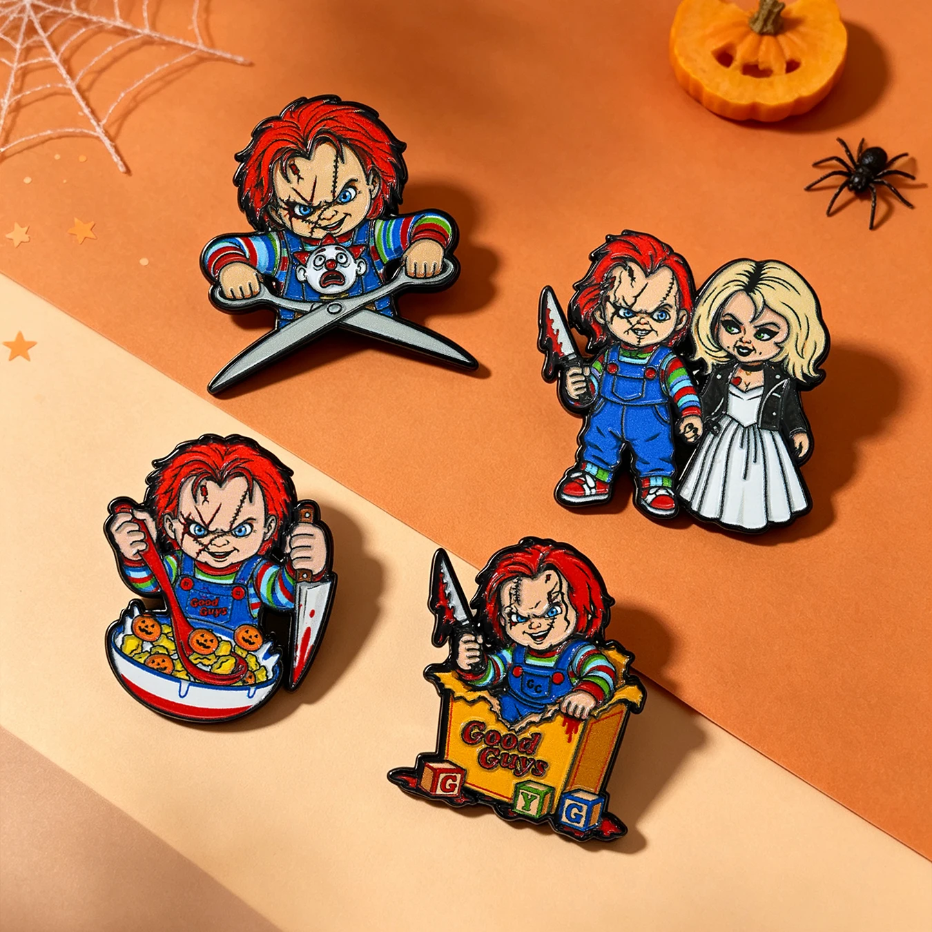 Horror Character Enamel Pins Set 4PCS, Spooky Cartoon Character Brooches, Halloween Lapel Badges Punk Backpack Jewelry Gifts