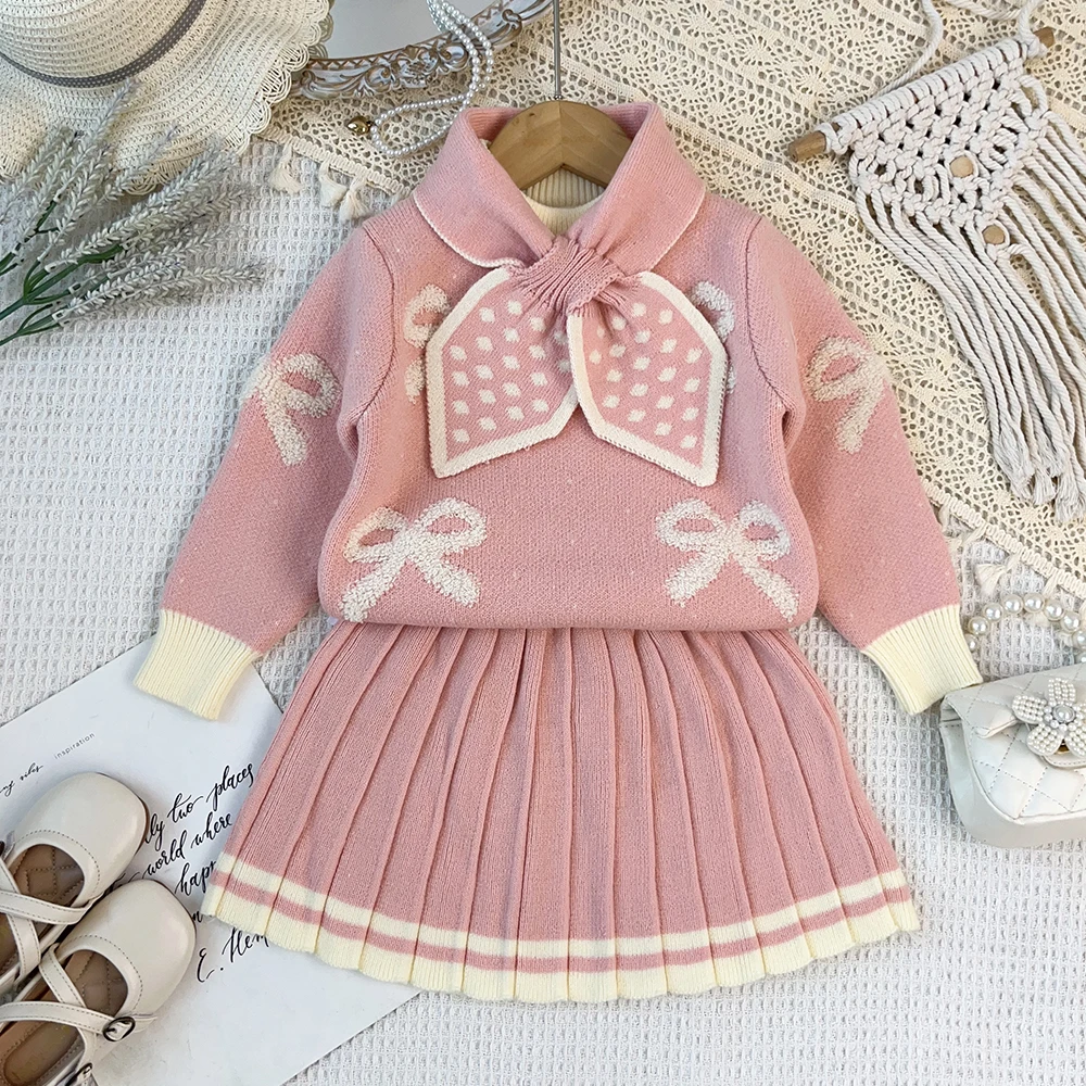 Long Sleeved Sweater Girls' Clothing Autumn and Winter Butterfly Print Lapel Knit Top + Short Skirt Fashion Sweet Children's Set