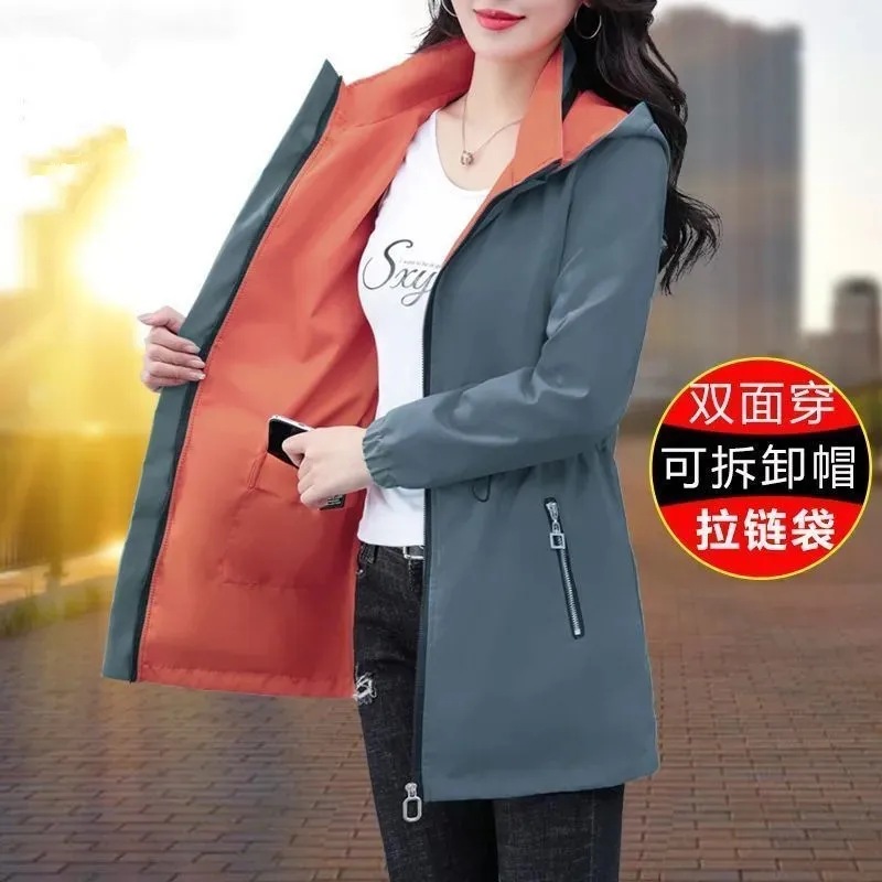 สองด้าน Trench Coat ผู้หญิง 2025 ฤดูใบไม้ผลิใหม่ฤดูใบไม้ร่วง Casual Hooded เสื้อผ้ากลางความยาว Windbreaker หญิงหลวม ...