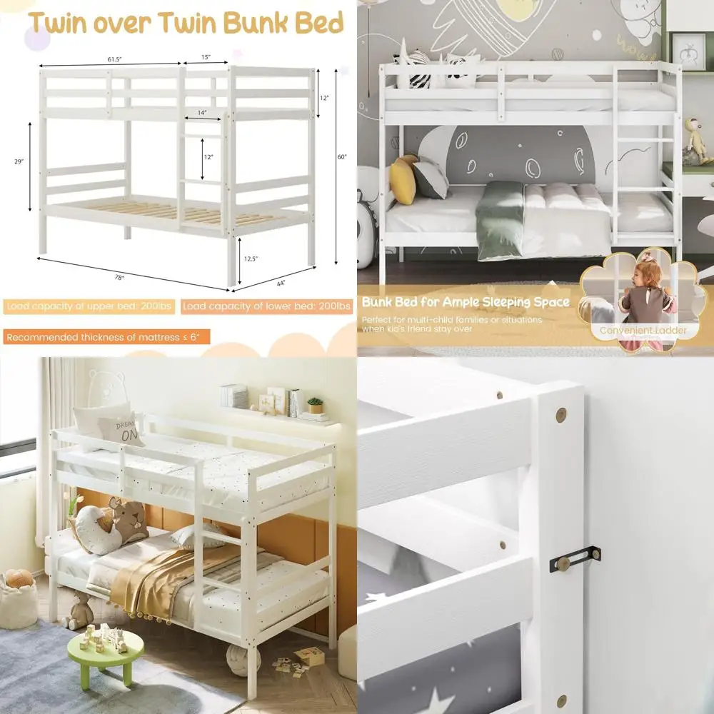 

Белая двухъярусная кровать из массива дерева с прочной лестницей и 12 защитными перилами для детей и подростков, не требует пружинного блока.