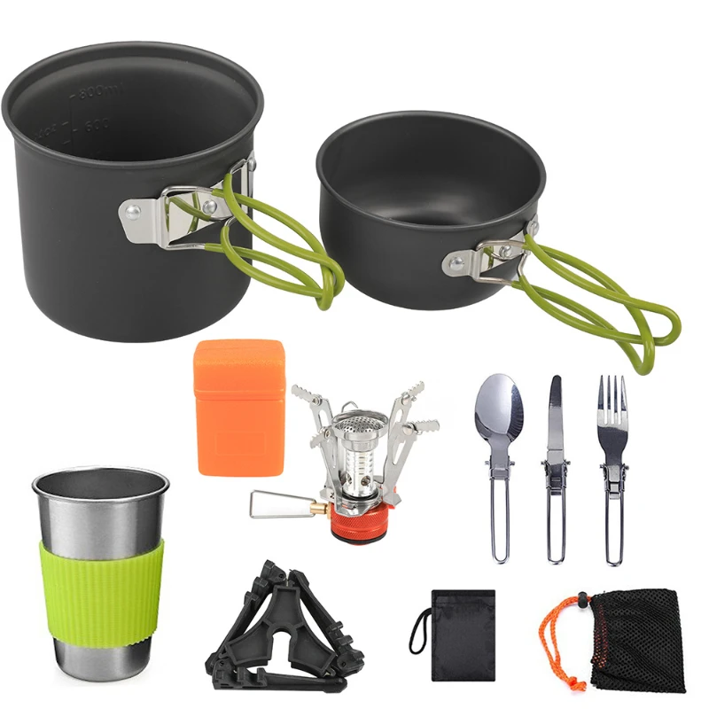 Camping Cooker Set Aluminum Alloy Portable Nonstick Pans Mini Cutlery Cooking Accessories High Power Folding Gas Stove Cookware